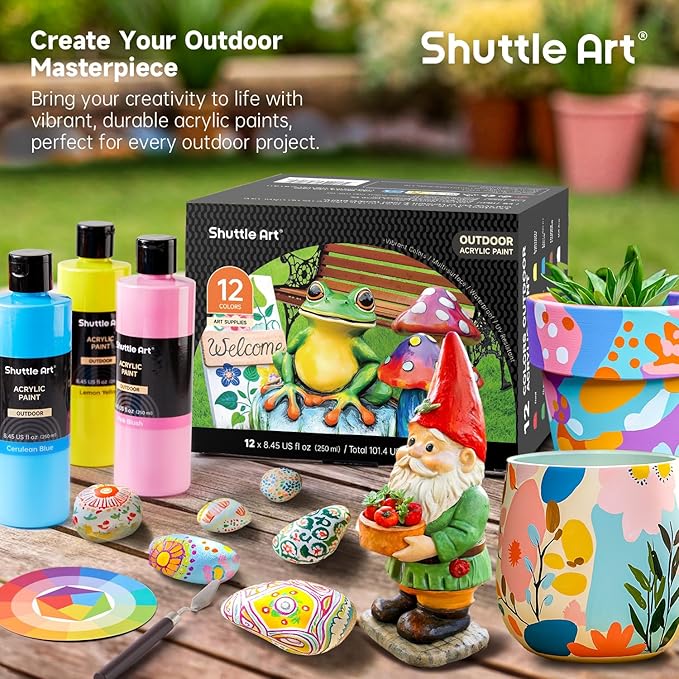Shuttle Art Outdoor Acrylic Paint Set, 12 Colors Waterproof Paint, 8.45oz/250ml Large Bottles, Rich Pigmented Bulk Painting Supplies for Artists, Beginners on Rocks, Wood, Wall, Crafts, Garden Statues