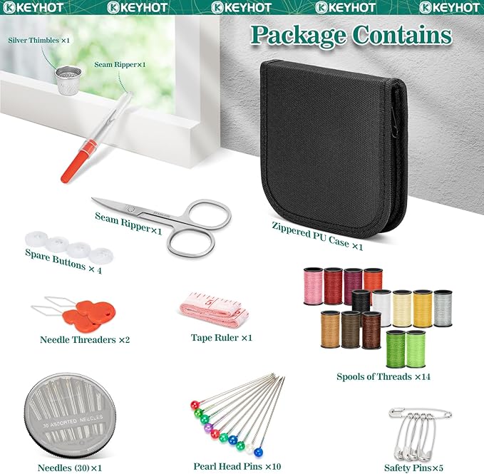 KEYHOT Sewing kit Basic,Needle and Thread Kit,Travel Small Sewing Machine Supplies for Adults Beginners Men, Home Travel Emergency Including Scissors Measure Tape Needle Threader (69pcs)