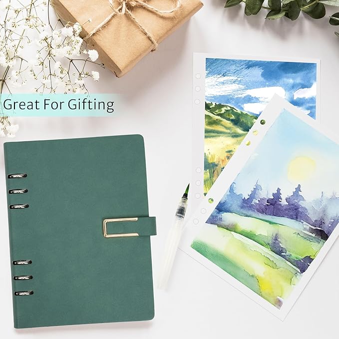 Vienrose 9" x 7" 3 Ring Watercolor Sketchbook, Faux Leather Cover Professional Art Journal with Detachable 24 Sheets 48 Pages, Ideal for Water Coloring, Sketching, Painting, Turquoise