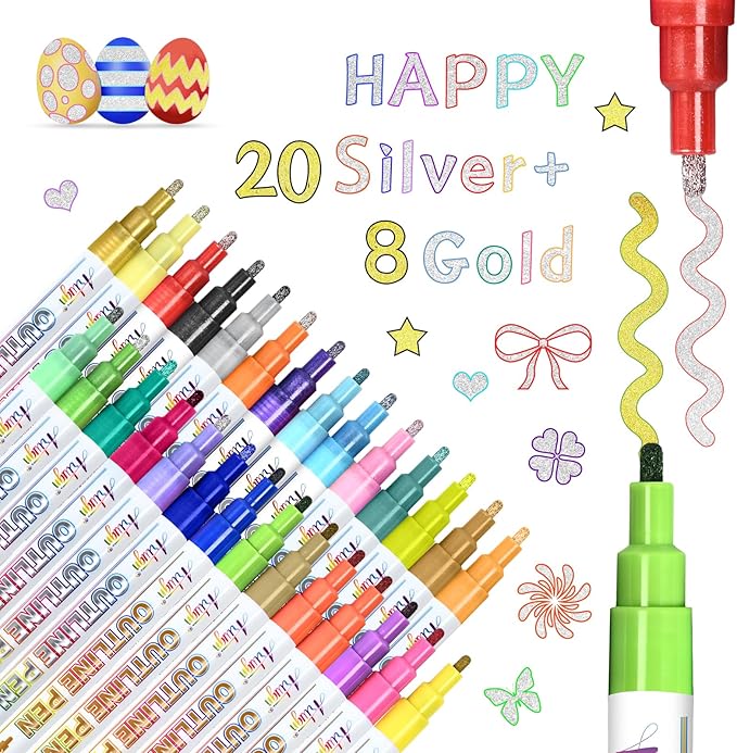 Glitter Markers Outline Pens, Christmas Stocking Stuffers 4-16 Year Old, 28 Pack Gold and Silver Shimmer Metallic Marker Arts Crafts Supplies for Kids Ages 6 to 8, 9-12 Birthday Gifts for Tweens