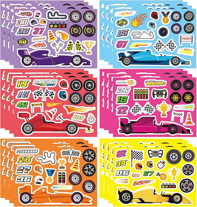24 Sheets Make Your Own Race Car Stickers, Sporty Racing Car Stickers for Kids, Racing Gifts Party Favors Supplies, Classroom Teacher Reward Educational Toy Art Craft