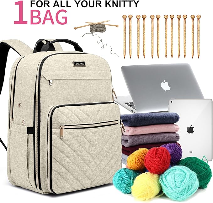Knitting Bag Backpack, Crochet Bag Tote, Large Storage Tote with USB Charging Port, Yarn Holder Case for Carrying Projects, Needles, Supplies, Beige