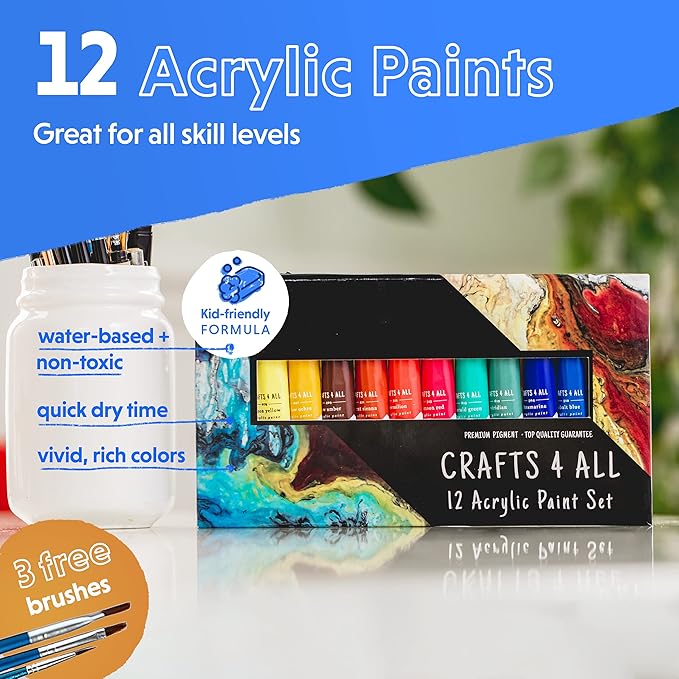 Acrylic Paint Set for Adults and Kids - 12 Pack of 12mL Paints with 3 Art Brushes, Non-Toxic Craft Paint for Easter Eggs, Ceramic Rock Paint - Art Supplies