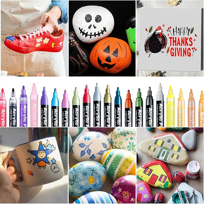 FUMILE Paint Pens paint Markers, 60 Colors Acrylic Paint Marker Pen Set include Metallic Color (12 PCS) and Normal color (48 PCS). Ideal for Rock Wood, Metal, Plastic, Glass, Canvas, Easter egg DIY.