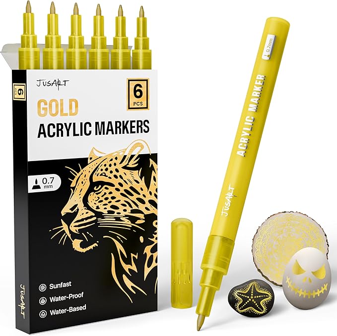 JusArt 6 Pack Gold Acrylic Paint Markers, 0.7mm Fine Point Acrylic Paint Pens for Rock Painting, Art Projects, Ceramic, Glass, Wood, Metal, Fabric, DIY, Ideal Gold Permanent Marker for Art Supplies