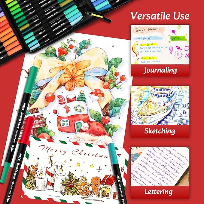 Markers for Adult Coloring Books No Bleeding, 72 Colors Dual Tip Coloring Markers for Adults, Brush&Fine Tip Art Supplies for Calligraphy, Journaling, Sketching, Christmas Gifts for Teens with Case