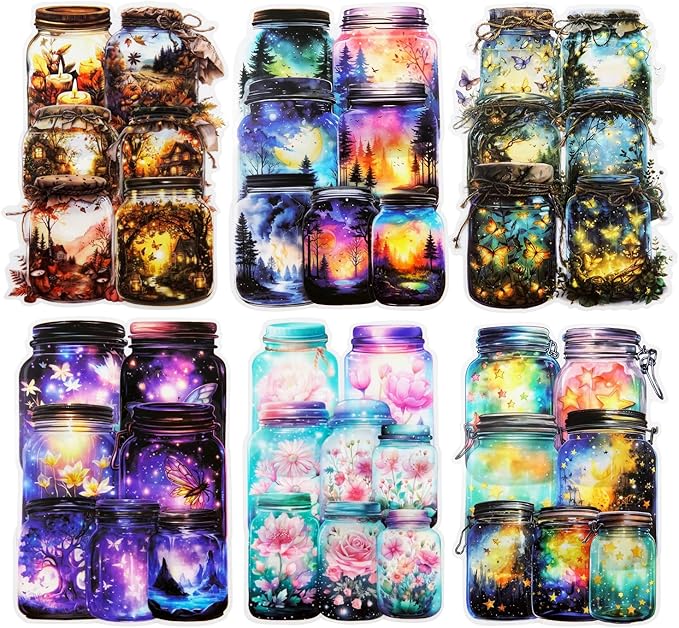 120 Pcs Bottle World PET Stickers, 60 Jar-Themed Designs with Butterflies, Flowers, Starry Sky and Forest Lights, Waterproof Decorative Stickers for Journaling, Scrapbooking and DIY Crafts