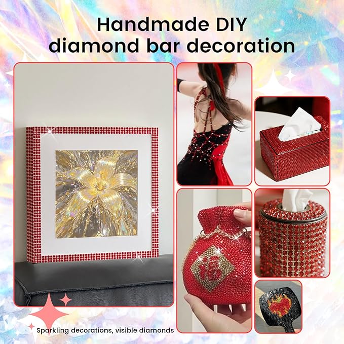 Novani Self Adhesive Rhinestone Ribbon, 0.35 Inch Wide 3 Yards 1 Roll, Red Crystal Diamond Bling Strips for DIY Crafts,Home Decor,Glitter Glass Rhinestones Tape for Crafting,Car Decoration