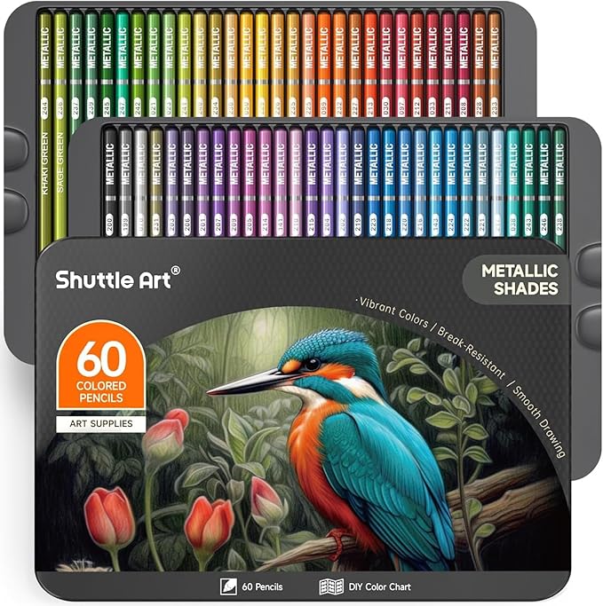 Shuttle Art 60 Metallic Colored Pencils, Colored Pencils for Adult Coloring, Soft Core Coloring Pencil in Gift Tin Box, Drawing Pencil for Kids Adults Beginners Artists Drawing Sketching