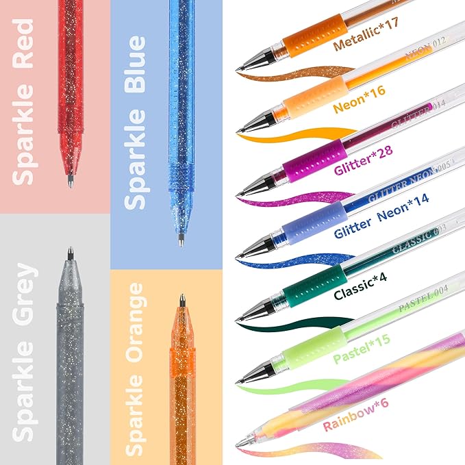 202 Pack Gel Pen For Adults Coloring Books, 104 Artist Pens Include 100 Colored Pens, 4 Metallic Sparkle Pens With 98 Refills, Fine Tip Metallic Gel Pen for Drawing Journaling Craft Art Supplies
