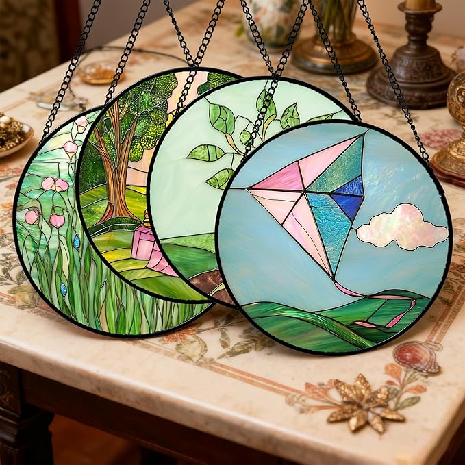 Stained Glass Window Hanging 4 Pcs Set Pink Green Spring Saplings Flowers 6.3" - Suncatcher Door Garden Sun Catcher Home Decor Mother's Day for Woman Nana Mom Men