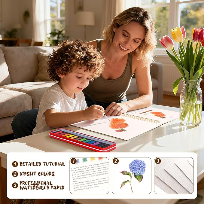 Kivzex Watercolor Workbook for Adults, Beginner Friendly Watercolor Painting Kit Flowers Water Coloring Book, Nature-Themed Practice Art Gift Water Color Paint Book with Palette and Brush