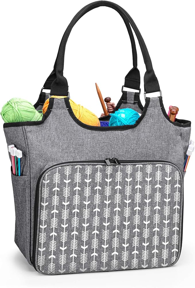 YARWO Knitting Tote Bag, Yarn Storage Organizer for Yarn Skeins, Knitting Needles, Crochet Hooks and Knitting Projects, Christmas & New Beginnings Gifts for Women, Gray with Arrow (Patent Pending)