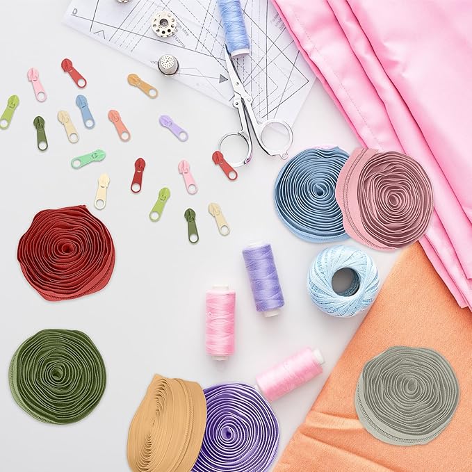 Syhood 36 Yards 12 Pieces #5 Sewing Zippers Tapes Assorted Nylon Lightweight with 120 Plastic Zipper Sliders for Women Men Sewing Supplies(Light Morandi Color)