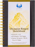 Olympian Ringed Sketchbook, A5 Size 5.5 x 8.25 inches, Gold Metal Ring Binding Lays Flat, 60 Sheets, 150 GSM Fine Art Paper for Artists, Ideal for Pencil, Ink, Watercolor, Leda Art Supply (Pack 1)
