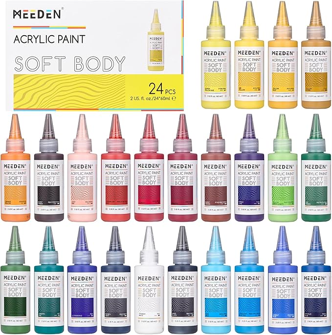 MEEDEN Soft Body Acrylic Paints Set: Matte Finish 24 Colors x 60ml/2oz Fluid Acrylic Paints for Art Painting on Canvas Wood & Glass for Students Adults Artists