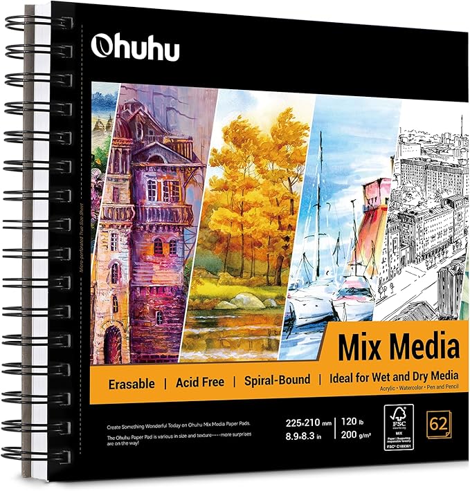 Ohuhu Mix Media Pad, 8.9"x8.3" Mixed Media Art Sketchbook, 120 lb/200 GSM Heavyweight Papers, 62 Sheets/124 Pages, Spiral Bound Mix Media Paper Pad for Acrylic, Painting, Christmas Gift
