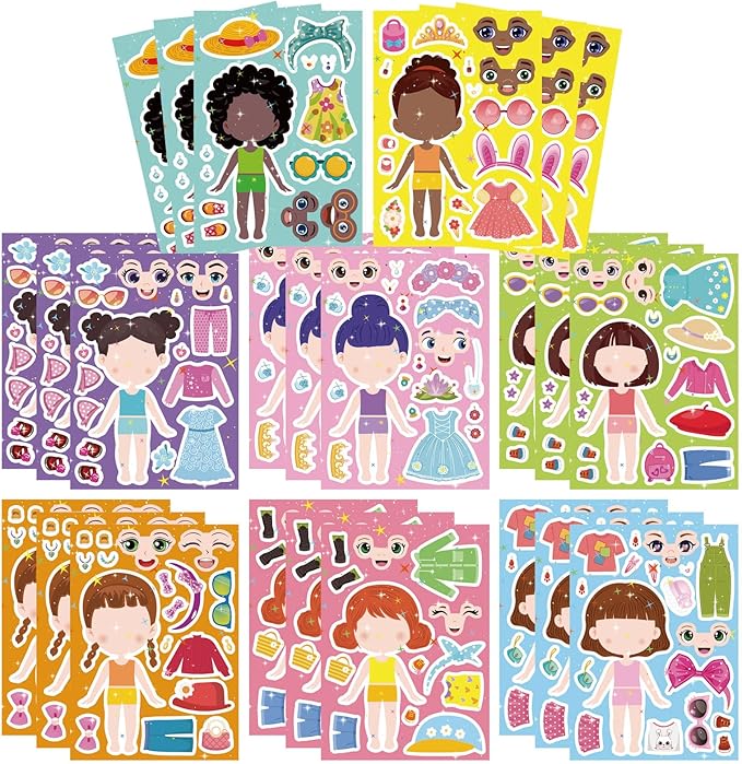 24 Sheets Make a face and Dress Up Stickers for Girls, Make Your Own Stickers for Kids Toddlers, Party Favor, Age 3+ Birthday Gift, Art Craft, Classroom Teacher Reward