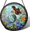 Stained Glass Window Hanging - Light Blue Mermaid Suncatcher for Door Terrace Garden Home Decor, Ocean Flowers Sun Catcher Birthday Gifts for Lovers Women Men Dad Mom Nana 6.3 in