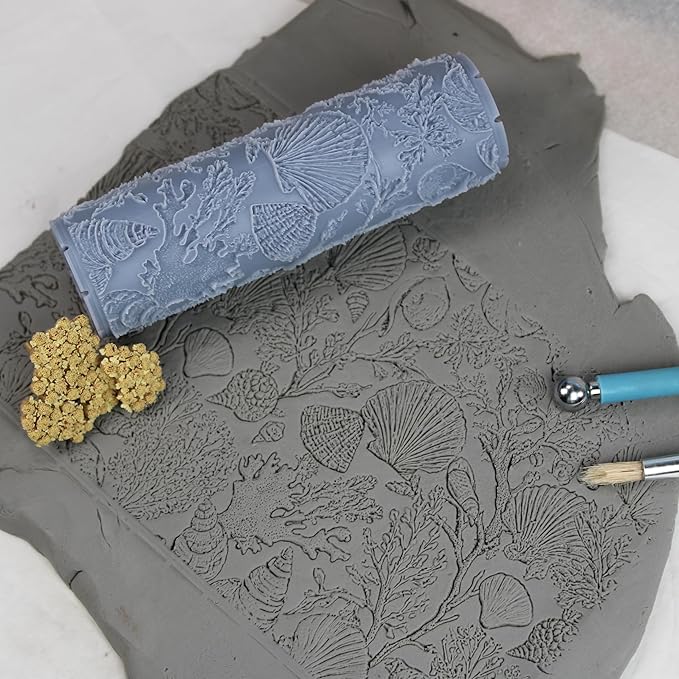 Shellscape Study Clay Texture Roller (4") - Seamless Ocean Set #01 - Embossing Pattern Roller for Polymer & Ceramic Clay, Pottery & Crafts