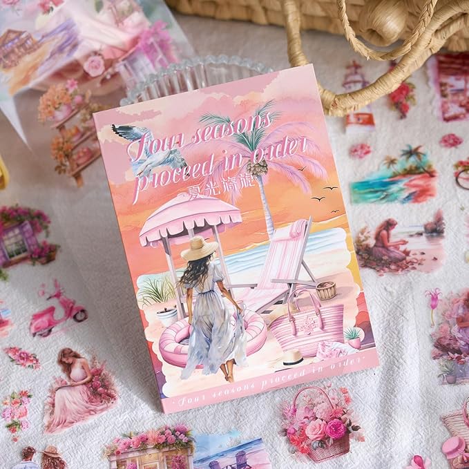 MAFELOE 20 Pages PET Scrapbook Stickers, Aesthetic Deco Supplies for Journaling Junk Bullet Diary Album Calendars-Travel Scenery Series-Pink (Y3-P-SSYS)