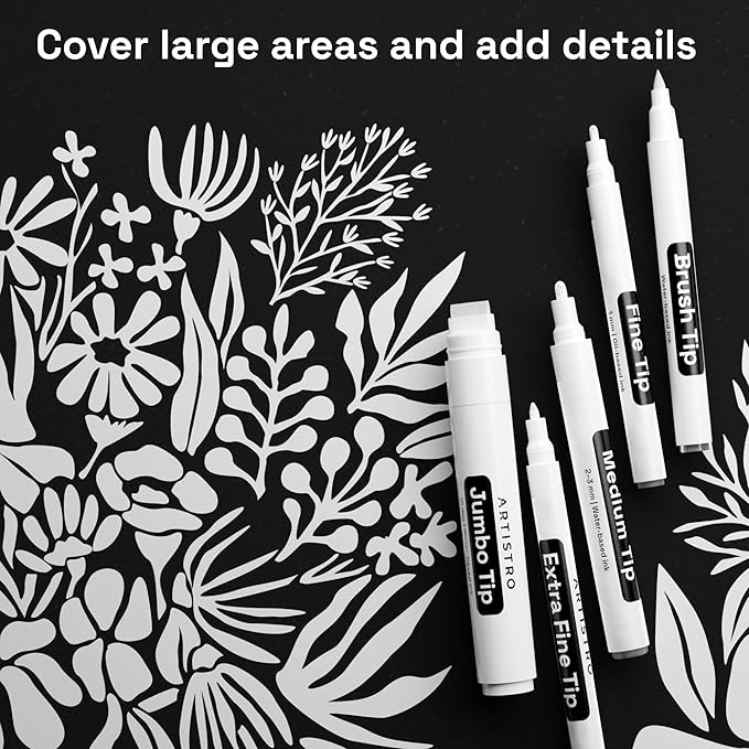 ARTISTRO 5 White Paint Pen for Glass Marking, Rock Painting, Ceramic, Wood, Tire, Fabric, Metal, Canvas - Set of 5 Acrylic Paint Markers Water-based - Different Tips