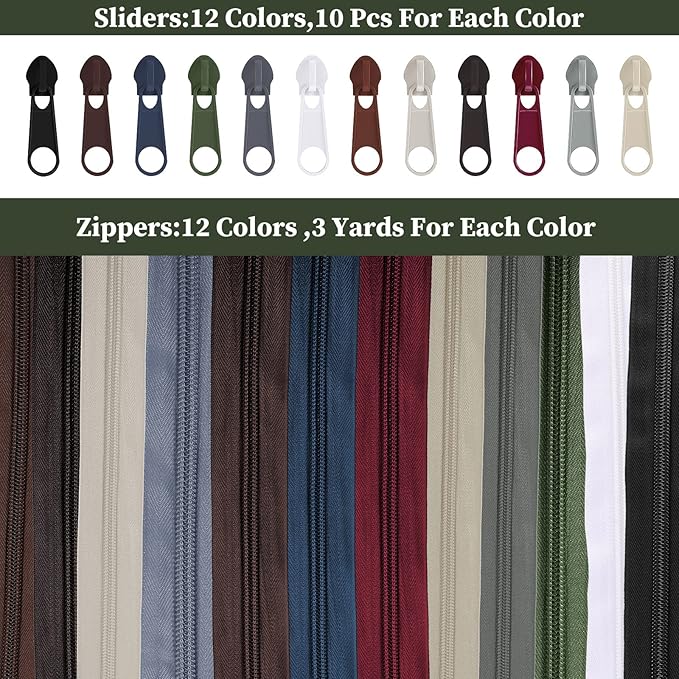 Syhood 36 Yards 12 Pieces #5 Sewing Zippers Tapes Assorted Nylon Lightweight with 120 Plastic Zipper Sliders for Women Men Sewing Supplies(Dark Color)