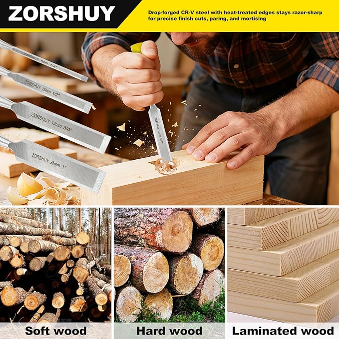 Wood Chisel Sets，4-Piece Woodworking Tools Set, for Precision Carving & DIY，CR-V Steel Beveled Edge Blades with Safety Caps,PVC High Impact Handle,Wood Tools Chisel Set(1/4", 1/2", 3/4", 1")