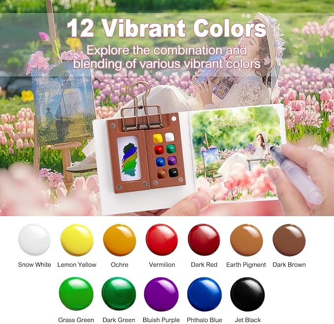 Mini Watercolor Paint Set, Tiny Mini Paint Palette Travel Kit, Portable Pocket Artist Water Color Travel Set with 12 Colours, Sketchbook, Watercolor Pens, 8 Grid Paint Box For Painters and Artists