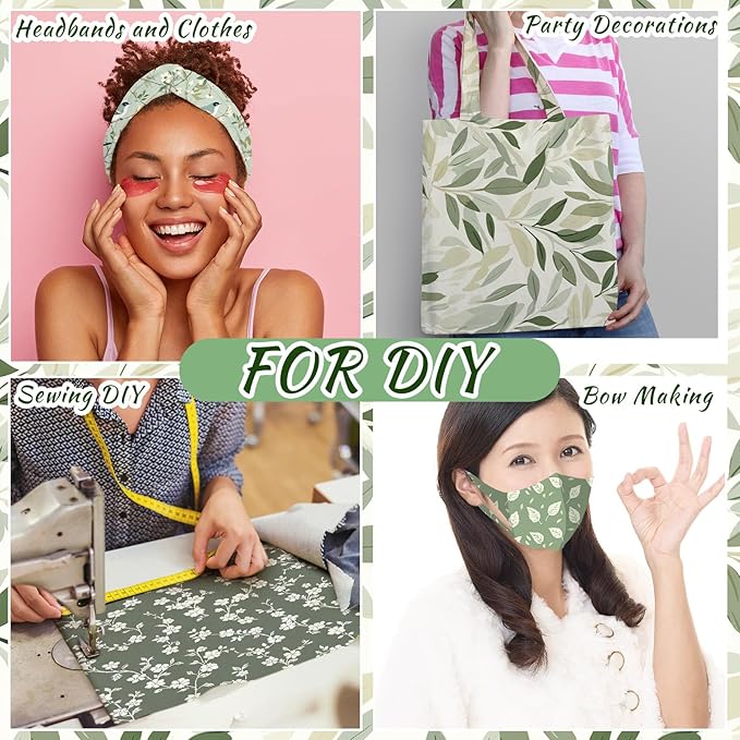 Ganeen 60 Pcs 10 x 10 Inch Sage Green Floral Quilting Fabric Squares Vintage Greenery Fat Patchwork Precut Strips Retro Eucalyptus Printed Fabric Bundles for Holiday DIY Craft Sewing Quilt Material