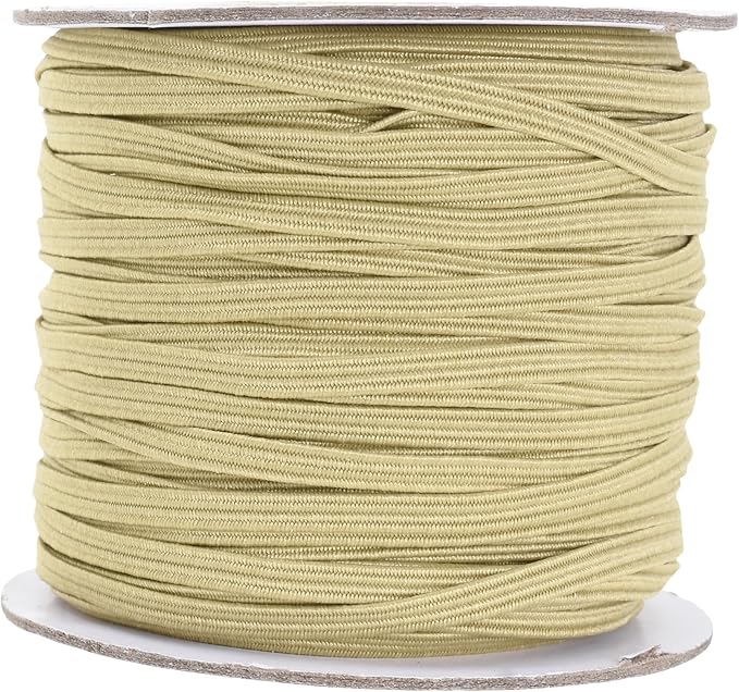 Mandala Crafts 3mm 50 Yds Roll of Beige Elastic Bands for Sewing - 1/8 Flat Elastics Cord - 1 8 Inch Braided Stretch Straps for Crafting