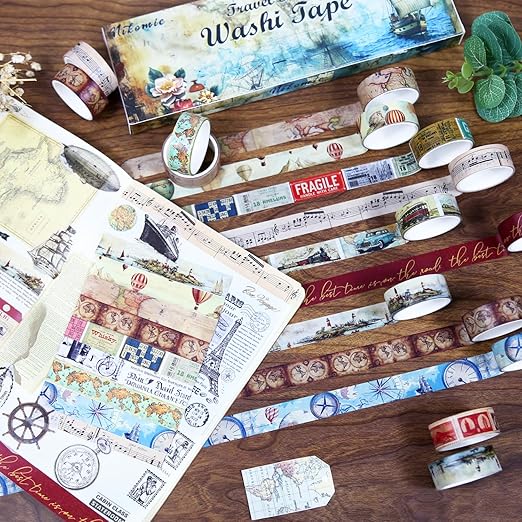 Vintage Washi Tape Set,12 Rolls World Travel Navigation Map Stamp Aesthetic Decorative Tape Masking Washi Tape for Journaling Supplies, Scrapbooking, DIY Arts & Crafts, Gift Wrapping