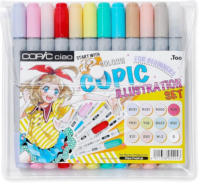 Copic Ciao Illustration Book Bundle Set, Alcohol-Based Markers (12 pcs) with an Instruction Book