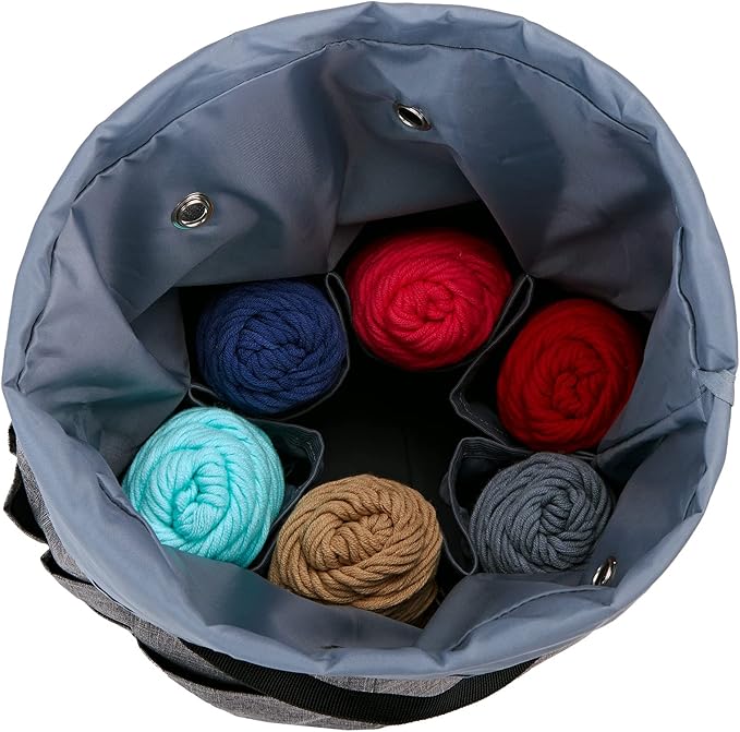 HOMEST Large Crochet Bag with Customized Front Compartment for Knitting Accessories, Yarn Storage with 6 Oversized Grommets, Tote Organizer with Drawstring Closure, Gray