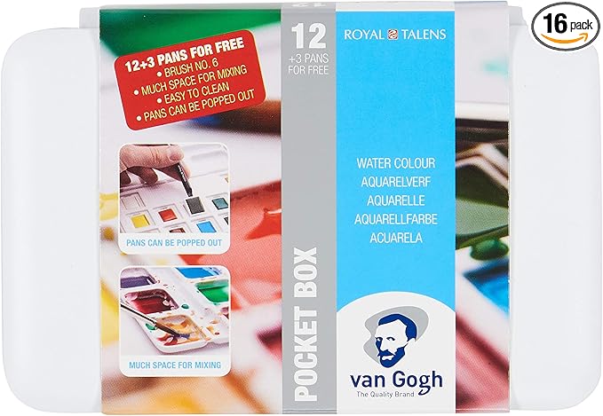 Van Gogh Watercolor Paint Set, Plastic Pocketbox, 12-Half Pan + 3-Half Pan Bonus General Selection