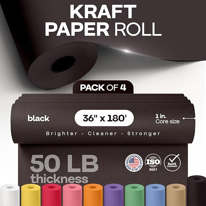 Black Kraft Paper Rolls 36" x 2160" (180 feet), Pack of 4 - USA-Made Quality Black Paper 50lb Thickness for Packing, Shipping, Crafts/Arts - 100% Recyclable Natural Wrap Material by IDL Packaging