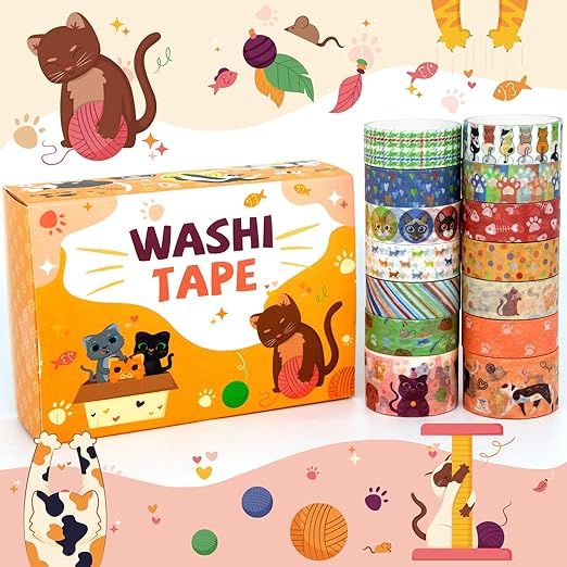 Cute Washi Tape Set - 14 Rolls Kawaii Animals Decorative Masking Tape,Adhesive Tape for Bullet Journal,DIY Craft,Scrapbooking Supplies,Gift Wrapping,Party Decoration