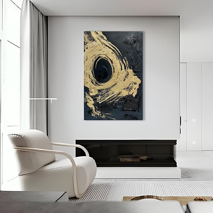 Art Hand-Painted Black and Gold Abstract Texture Oil Painting Modern Canvas Wall Art Deco 45x30 inches