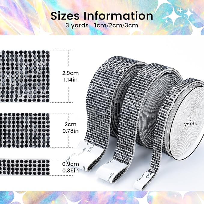 Novani Self Adhesive Rhinestone Ribbon, 0.78 Inch Wide 3 Yards 1 Roll, Black Crystal Diamond Bling Strips for DIY Crafts, Home Decor, Glitter Glass Rhinestones Tape for Crafting, Car Decoration