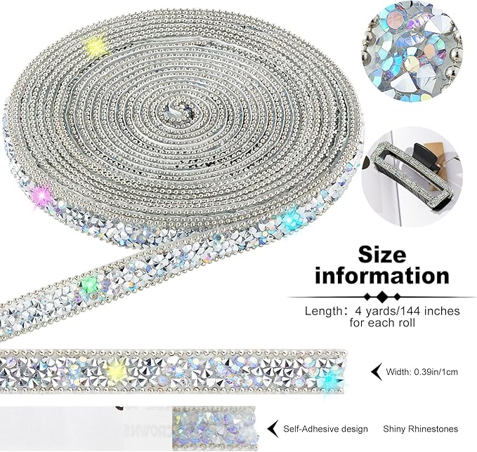 4-Yard Rhinestone Ribbon Self Adhesive Crystal Rhinestones, 4-Yards Bedazzling Strips, Rhinestone Strips for DIY Craft, Rhinestones for Crafting, Home Decor, AB Crystals Color, 0.4inch Width