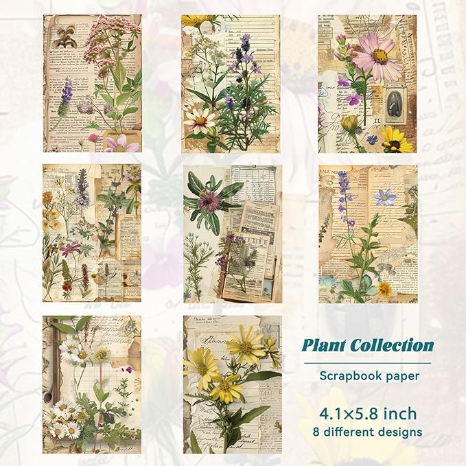 16 Sheets Scrapbook Paper, Vintage Decorative Scrapbook Supplies for Junk Journal Card Making Picture Art Collage DIY 4.1x5.8 inches, Plants theme
