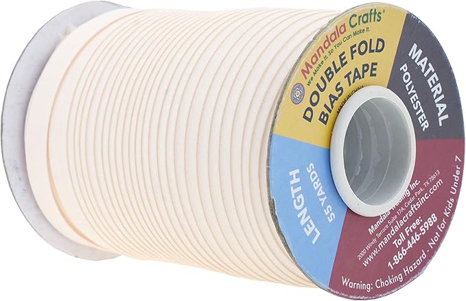 Mandala Crafts 55 Yards 1/2 Inch Cream Double Fold Bias Tape for Sewing - Bias Binding Tape for Quilting Binding, Hemming, Seam, and Fabric Piping