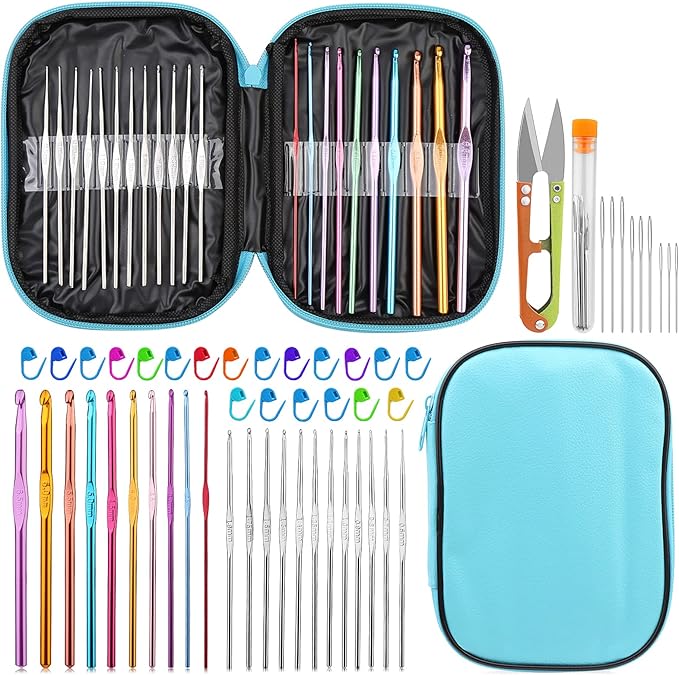IMZAY 54 Pcs Crochet Needles Set, Crochet Hooks Kit with Storage Case, Ergonomic Knitting Blunt Needles Stitch Marker DIY Hand Knitting Craft Art Tools for Beginners(Blue)