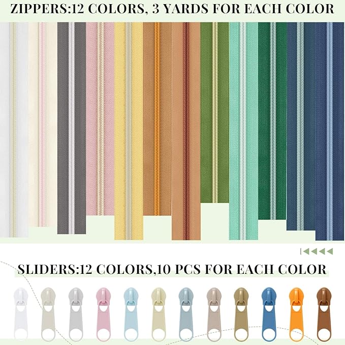 Solsew 12 Pcs 36 Yards Colourful Zippers for Sewing #5 Nylon Contrasting Colors Assorted Zipper by The Yard with 120 Sliders for Women Men DIY Tailor Bag Garment Crafts Supplies (Morandi Color)