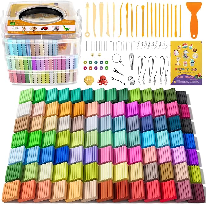 Polymer Clay 92 Colors, Modeling Clay for Kids, Non-Sticky Oven Bake Clay with Sculpting Tools and Accessories, Halloween Christmas Gift for Children and Artists