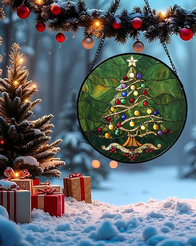 Stained Glass Window Hanging - Green Christmas Tree with Colorful Lights Suncatcher for Doors Home Christmas Decoration Sun Catcher Thanksgiving New Year Birthday Gifts for Women Men Mom Nana 9.8 in