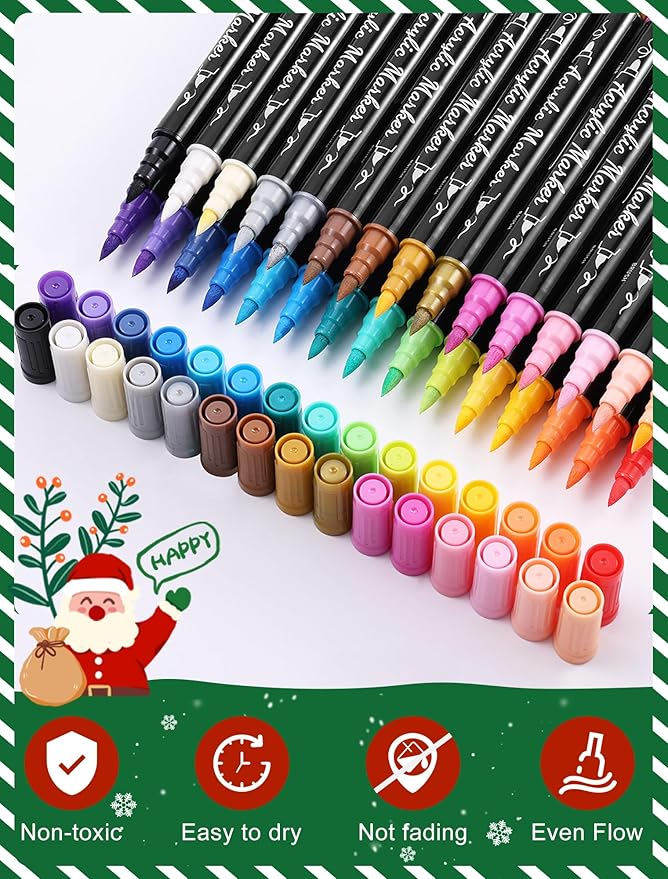 30 Colors Acrylic Paint Markers - Waterproof Dual Tip Acrylic Paint Pens with Brush & Fine Tip Professional Marker Set Scrapbook Markers for Paper Rock Wood Fabric Glass Ceramic and DIY Crafts