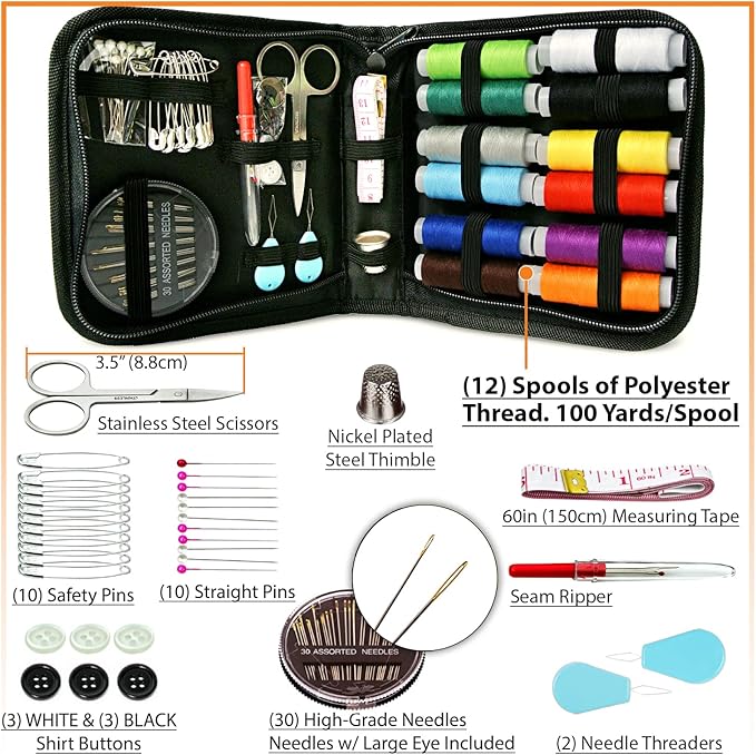 Small Basic Sewing Kit for Beginners – Easy to Use Portable Needle and Thread Kit with Sewing Supplies and Accessories for Emergency Clothing Repairs - Travel Sew Set for Adults