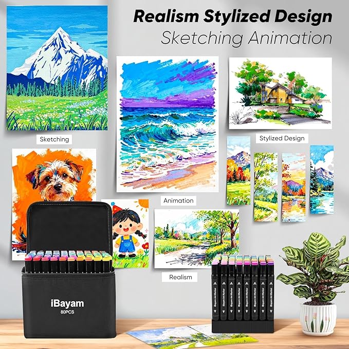 iBayam Alcohol Markers 80 Colors with Case & Holders, Dual Tips Chisel & Fine Art Markers for Adult Coloring Kids Drawing