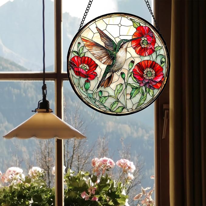 Stained Glass Window Hanging - Green Hummingbird Red Flower Suncatcher for Door Terrace Garden Home Decor Bird Landscape Sun Catcher Birthday Gifts for Lovers Women Men Dad Mom Nana 6.3 in